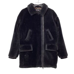 JUST CAVALLI Size 42 Faux Fur Coat Dark Gray Black Teddy Coat Faux Leather Trim